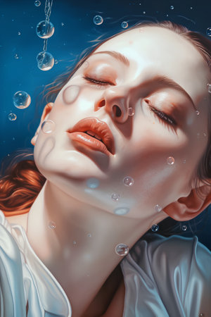Fashion portrait of beautiful young woman with water drops on her face.の素材