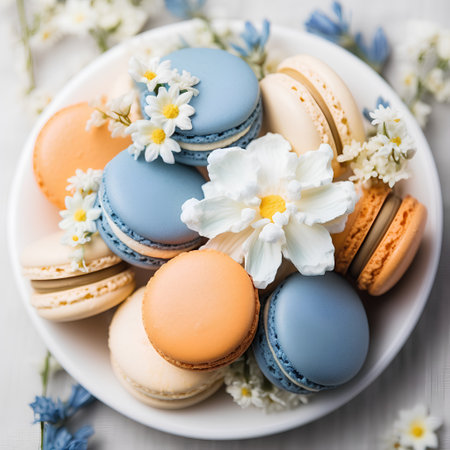 Colorful macaroons with flowers on a white wooden background.の素材