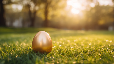 Golden easter egg on the green grass with bokeh backgroundの素材