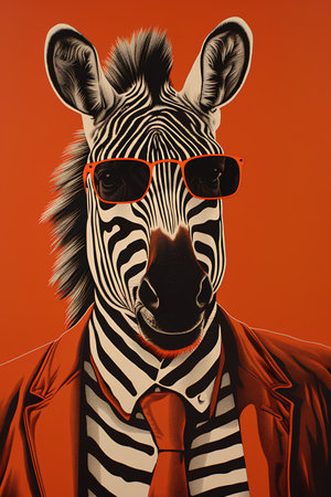Portrait of a zebra in a suit and glasses on a red background.の素材