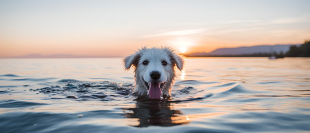 golden retriever swims in the lake at sunset in summerの素材