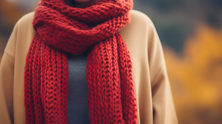 Close up of woman wearing red scarf and sweater at autumn street.の素材