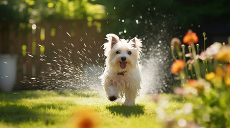 Cute West Highland White Terrier running in the garden on a sunny summer day.の素材