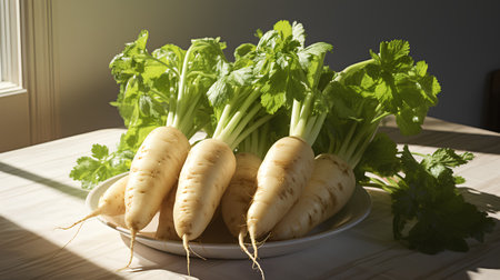 Bunch of fresh white radish with green leaves on wooden tableの素材