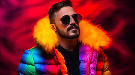 Handsome young man in a winter jacket and sunglasses on a colorful background.の素材