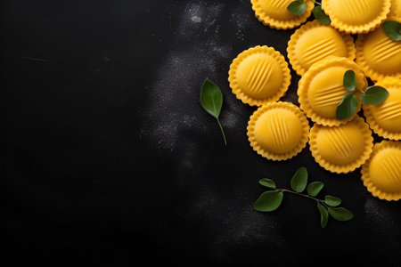 Raw uncooked ravioli on black background, top view, copy spaceの素材