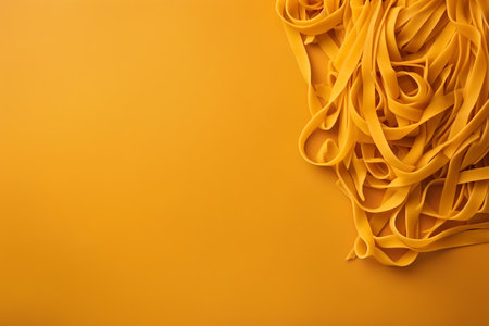 Italian pasta tagliatelle on a yellow background with copy spaceの素材