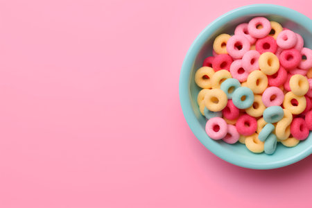 Colorful cereal rings in bowl on pink background, top view with copy spaceの素材
