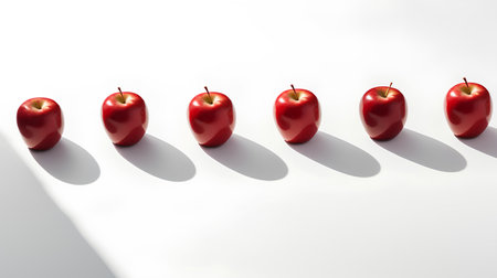 Red apple in row on white background. 3d render illustration.の素材