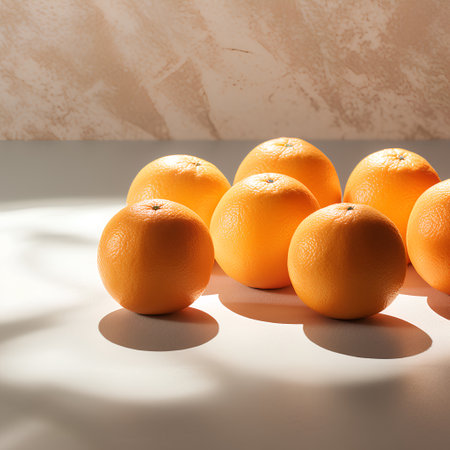 Group of fresh oranges with shadows on a white background. Minimal style.の素材