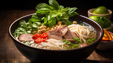 Vietnamese noodle soup with pork and vegetables on wooden tableの素材