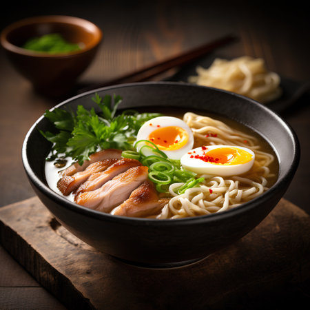 Japanese ramen noodle soup with pork and egg on wooden backgroundの素材