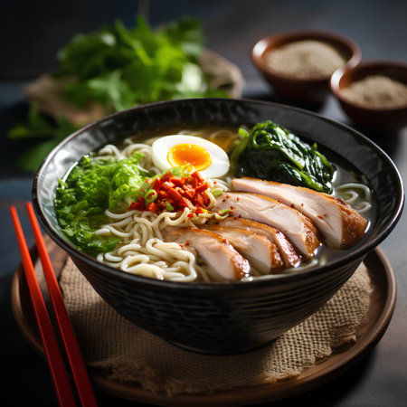 Ramen noodle soup with chicken and egg on dark background.の素材