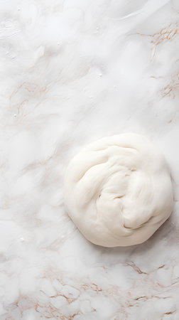 Pizza dough on white marble background. Top view with copy spaceの素材