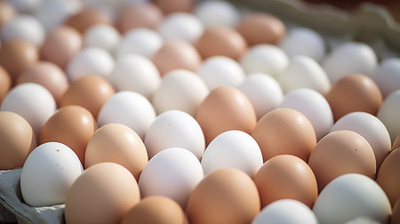 Close up of fresh eggs in a box. Selective focus.の素材