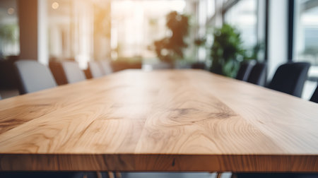 Wooden table and chairs in meeting room, blur background with bokeh.の素材