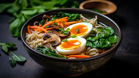 Ramen noodle soup with egg, mushrooms and spinach in bowl on dark backgroundの素材
