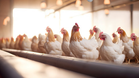 Group of chickens in a henhouse on a farm in the morning lightの素材
