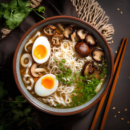 Ramen soup with shiitake mushrooms and egg in bowl on dark wooden background. Top viewの素材