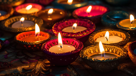 Happy Diwali - Clay Diya lamps lit during Dipavali, Hindu festival of lights celebration.の素材