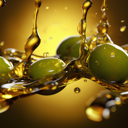 Splash of olive oil on a yellow background. 3d renderingの素材