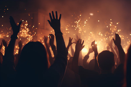 silhouette of a crowd at a concert in front of fireworksの素材