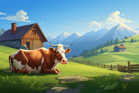 Cow on the green meadow in the mountains. Vector illustration.の素材