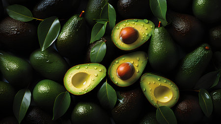 Avocado background. Avocado with leaves. Healthy food concept.の素材