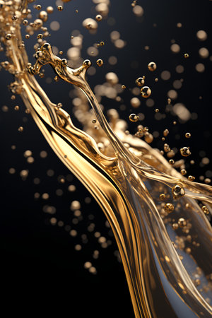 Golden liquid splash on black background. 3d rendering, 3d illustration.の素材