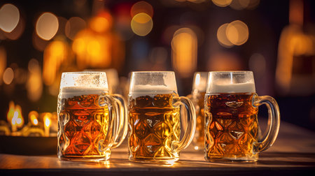 Two glasses of beer on a wooden table in front of a blurred backgroundの素材