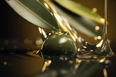 Olive oil drop with green olives and leaves. 3d illustrationの素材