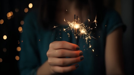 Woman holding sparklers in hands on bokeh background, closeupの素材