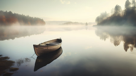 Foggy morning on the lake. A wooden boat on the shore.の素材