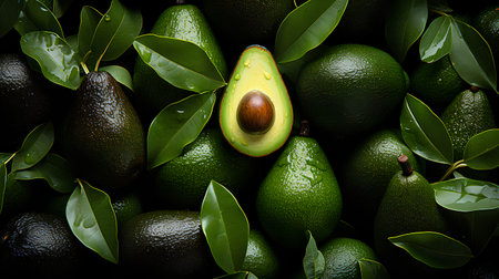 Fresh avocados with leaves on black background. Top view.の素材