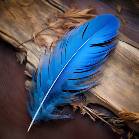 Blue bird feather on a dark wooden background, close-up.の素材