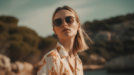 Portrait of a beautiful young woman in sunglasses on the seashoreの素材