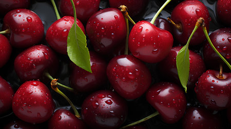 Sweet cherries with water drops on a black background close-upの素材