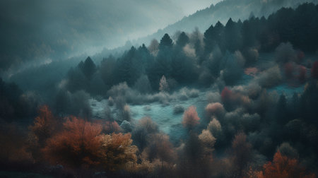 Foggy autumn landscape with colorful trees in the mountains. Nature backgroundの素材