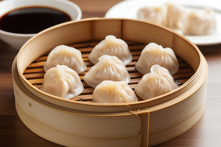 Chinese steamed dumplings in bamboo steamer on wooden backgroundの素材