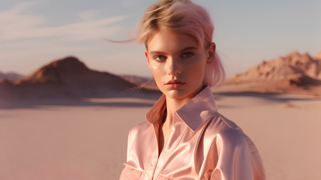 Fashionable blonde woman in a pink silk robe on the background of the desertの素材