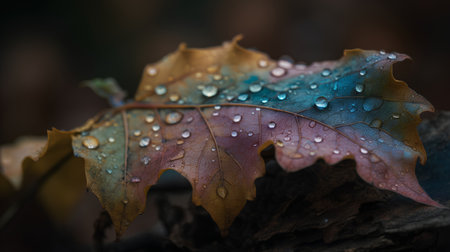 Dew drops on an oak leaf in the autumn forest. Macroの素材