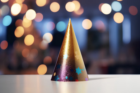 Party hat with bokeh background. 3d rendering. Festive decoration.の素材