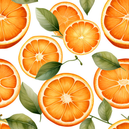 Seamless pattern with orange slices and leaves on a white background.の素材