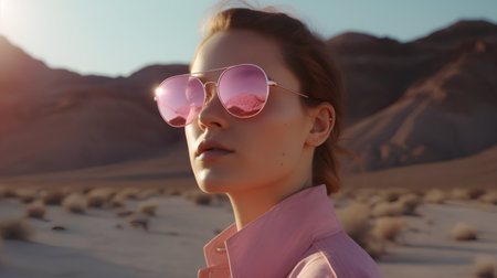 Portrait of a beautiful young woman with pink sunglasses in the desertの素材