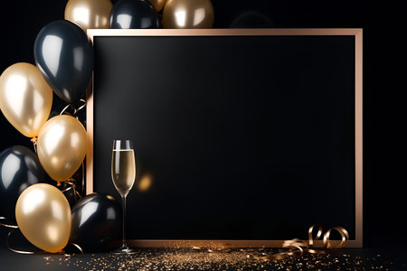 Black friday background with golden balloons, champagne and golden confettiの素材