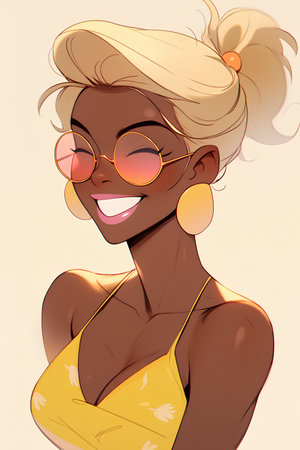 Beautiful young woman in sunglasses and a yellow swimsuit. Vector illustration.の素材