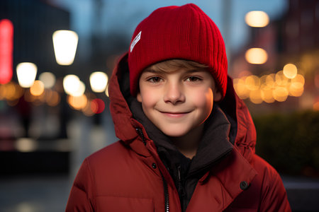 Portrait of a boy in a red hat and a jacket on a city street.の素材