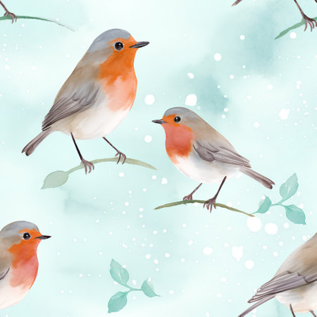 Watercolor seamless pattern with robins. Hand painted illustration on a blue background.の素材