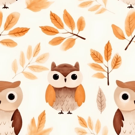 Seamless pattern with cute owls and autumn leaves. Vector illustration.の素材