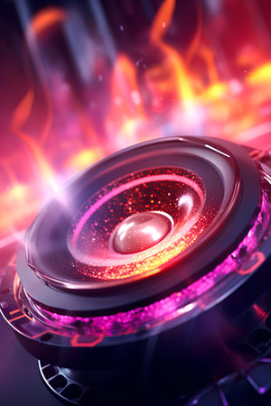 3d illustration of sound speaker in neon light with bokeh effectの素材